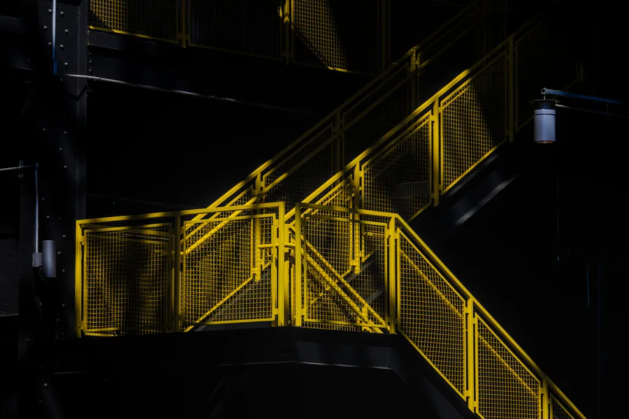 Yellow stairs in the dry dock at the Philadelphia Shipyard.